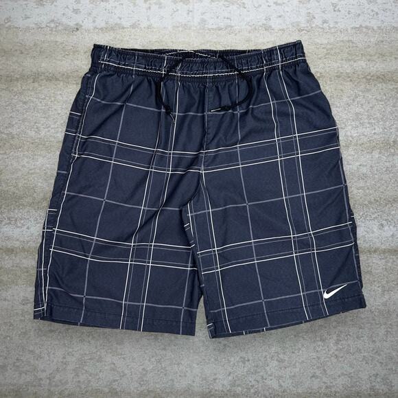 Nike Gym Shorts Plaid Black White Swoosh 12" Inseam